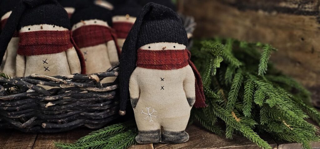 Handmade primitive snowman tuck bowl filler, rustic farmhouse Christmas décor with scarf and snowflake detail