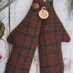 Handmade primitive wool mitten snowman door greeter, rustic farmhouse Christmas front door décor with pine sprays and candy cane accent