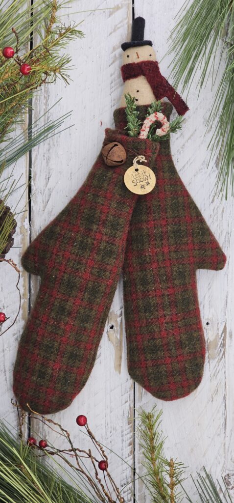 Handmade primitive wool mitten snowman door greeter, rustic farmhouse Christmas front door décor with pine sprays and candy cane accent