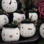 Handmade primitive wool snowman ornament, rustic farmhouse Christmas décor with snowball head, wool hat, and jingle bell accent