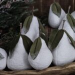 Handmade primitive winter pears set, rustic farmhouse holiday décor plush bowl fillers with frosted wool leaves and wood stems