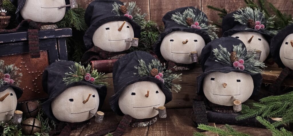 Handmade Jack Frost primitive holiday snowman, rustic farmhouse Christmas décor shelf sitter with wool scarf and tall top hat