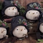 Handmade Jack Frost primitive holiday snowman, rustic farmhouse Christmas décor shelf sitter with wool scarf and tall top hat