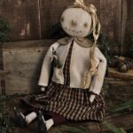 Handmade primitive winter snowman doll, rustic farmhouse Christmas décor with plaid dress, vintage trim, and carrot nose