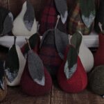 Handmade primitive wool Christmas pears set, rustic farmhouse holiday décor bowl fillers with frosted leaves and wood stems