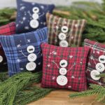 Handmade primitive snowman button pillow, rustic farmhouse Christmas décor bowl filler with stitched buttons and bead eyes