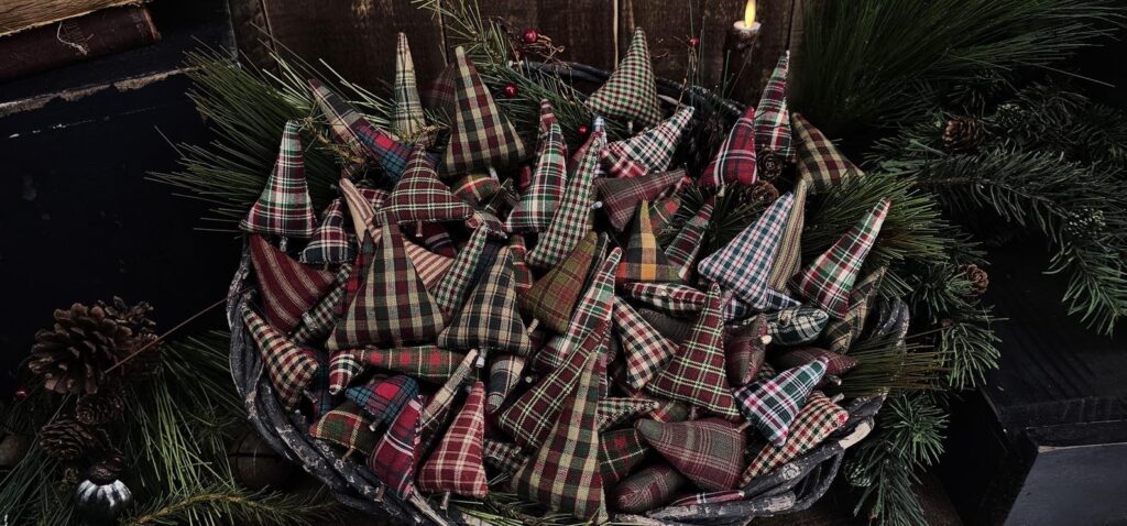 Handmade set of 8 rustic fabric Christmas trees, cozy cabin farmhouse holiday décor bowl filler with wood trunks