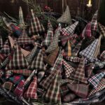 Handmade set of 8 rustic fabric Christmas trees, cozy cabin farmhouse holiday décor bowl filler with wood trunks