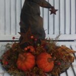 Primitive 12-inch witch hat sewing pattern with rustic fall fixins, handmade folk art décor project.