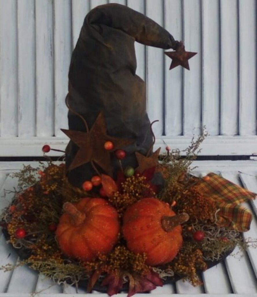 Primitive 12-inch witch hat sewing pattern with rustic fall fixins, handmade folk art décor project.
