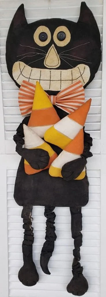 Primitive Candy Corn Cat door greeter sewing pattern, 38-inch Halloween décor, PDF or mailed pattern.