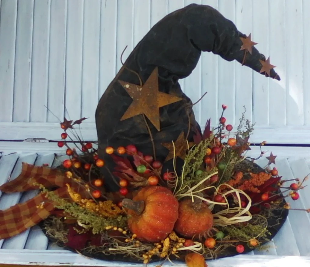 Primitive 15‑inch witch hat sewing pattern with fall fixins, rustic table centerpiece for Halloween décor.