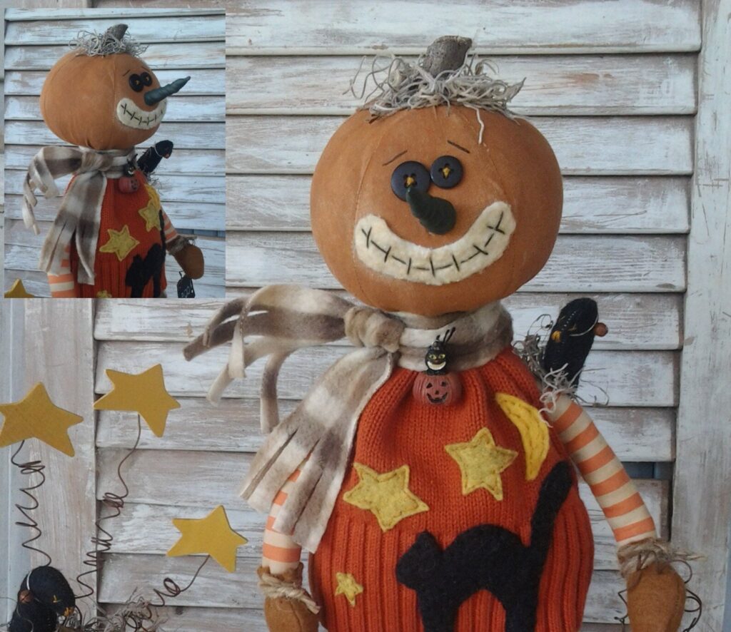 Primitive Halloween Pumpkin Man sewing pattern with spooky fall décor figure