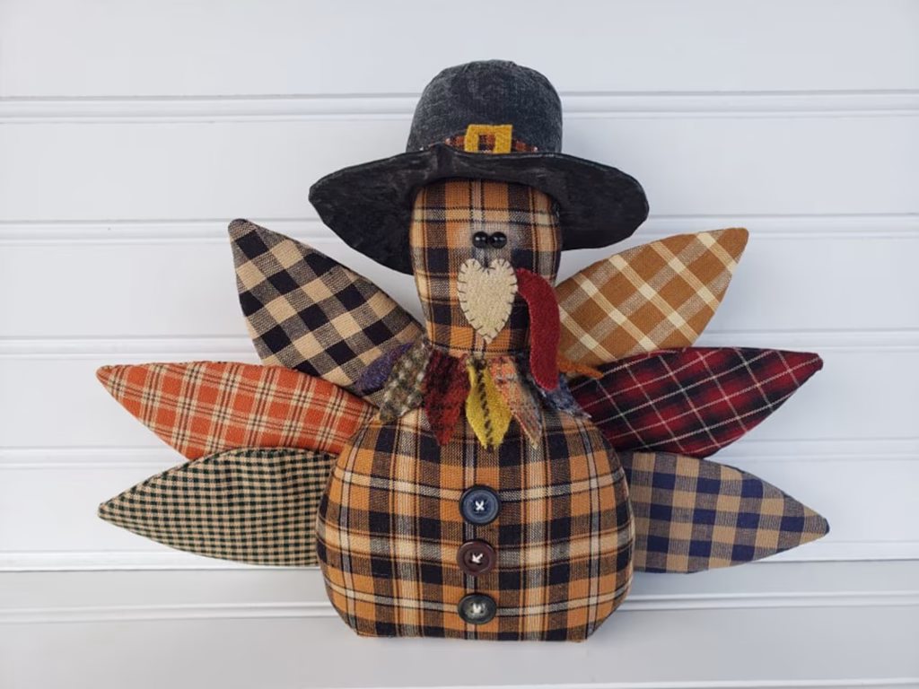Primitive homespun Handmade fall turkey shelf sitter with wool collar, stitched details, and weighted base
