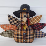 Primitive homespun Handmade fall turkey shelf sitter with wool collar, stitched details, and weighted base