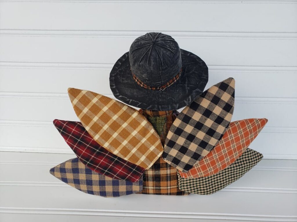 Back view of primitive homespun Thanksgiving turkey showing patchwork fabrics, wool collar, and aged rustic finish.