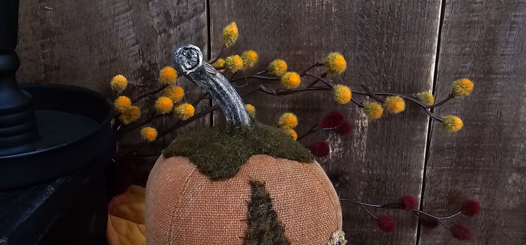 Close‑up of Oliver’s real dried pumpkin stem with wool leaf and aged painted head top