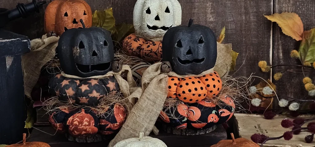 Close‑up of primitive Jack‑O‑Lantern stack pumpkins in four colors with aged paper‑mâché heads and fabric cushion bases
