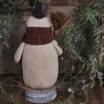 Back view of primitive snowman showing wool hat tie, aged osnaburg fabric, and winter folk‑art details.