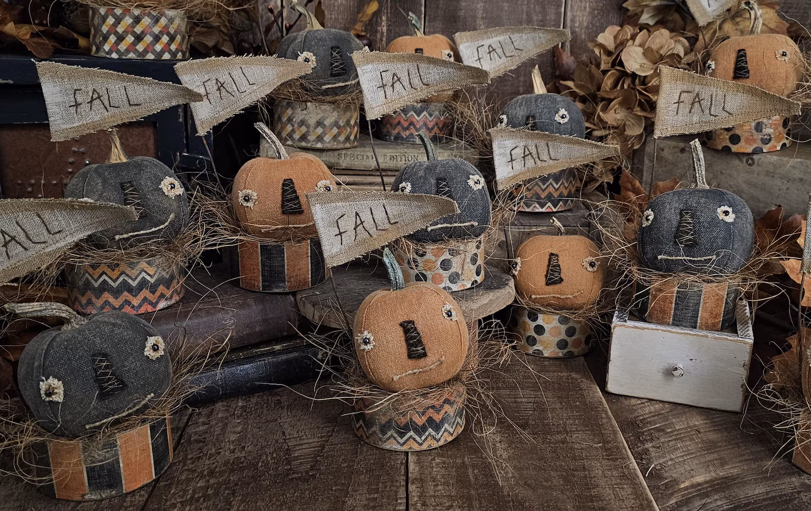 Primitive Pumpkin Jack in Aged Box | Stitched FALL Flag | Autumn Shelf Sitter Décor
