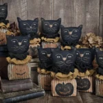 Primitive Halloween black cat handmade with ticking fabric