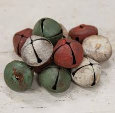 Primitive wool snowman scarf with three vintage jingle bells shown in primitive red, pine green, and antique white.